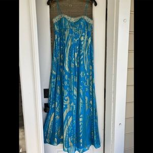 Blue and gold strapless long dress